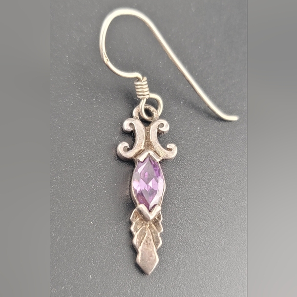 Antique Silver Dangle Earrings Marquise-cut Purple Amethyst Marked - Picture 3 of 17
